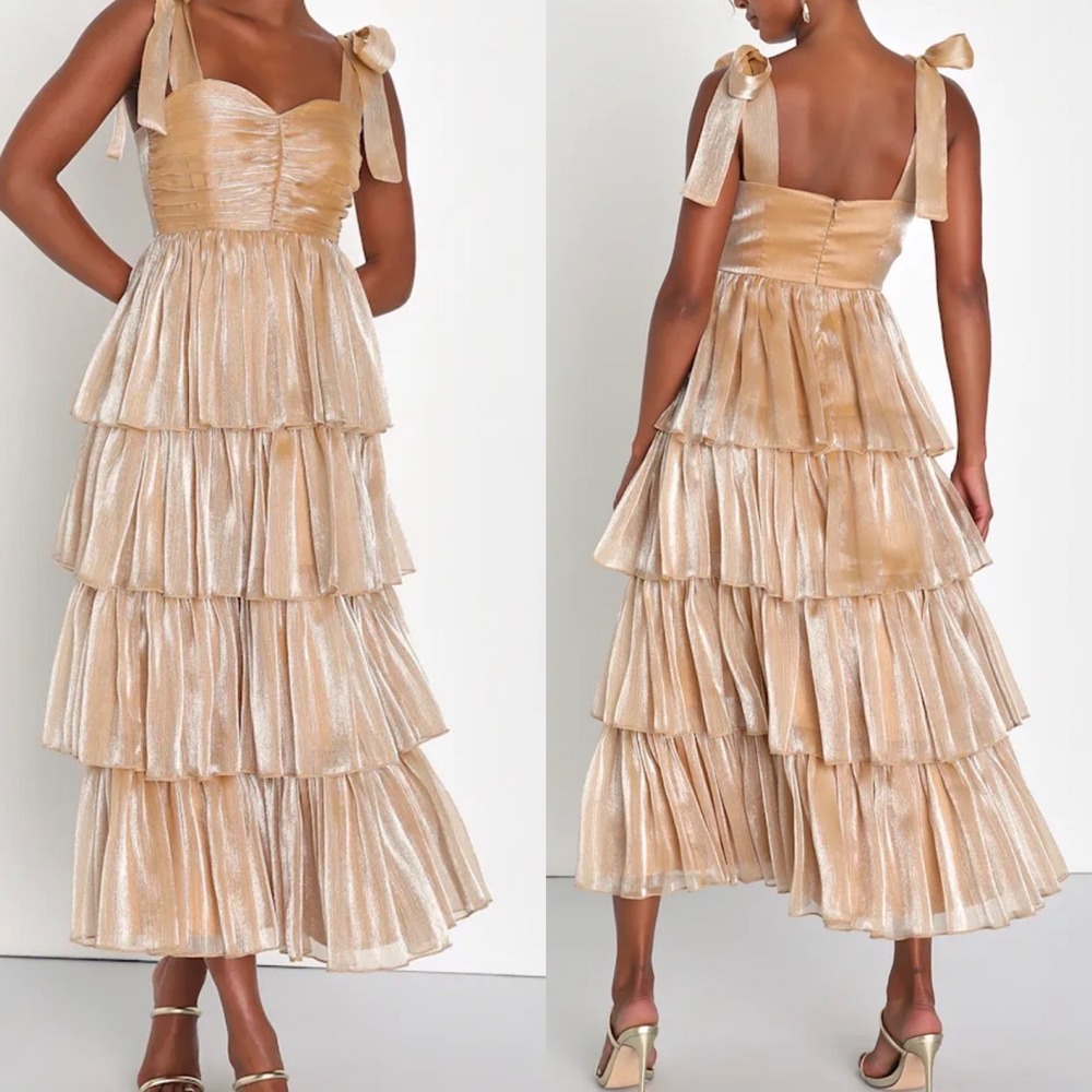 NWT Lulus Small Gold Radiant Arrival Shiny Gold Organza Tiered Tie-Strap Maxi
